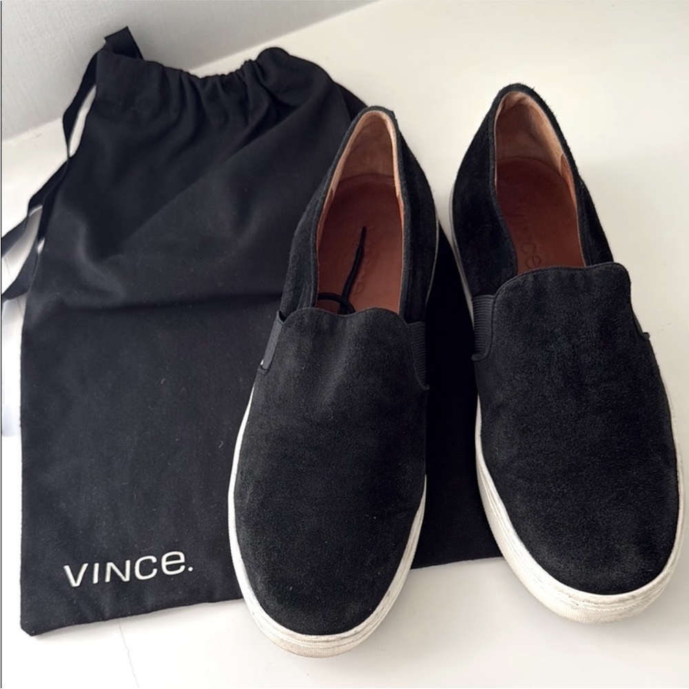 Vince Black Nubuck Suede Slip On White Sole Sneakers 9